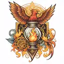 Phoenix and book surrounded by hourglass and fire flames tattoo design idea