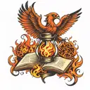 Phoenix and book surrounded by hourglass and fire flames tattoo design idea