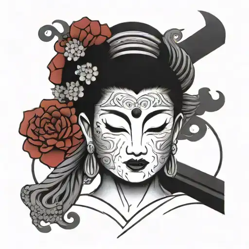 A Japanese-inspired tattoo featuring a traditional Geisha and a Buddha statue intertwined, symbolizing the balance between beauty and spirituality tattoo design idea
