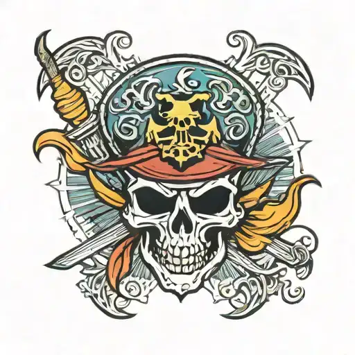 sun pirates logo with straw hat jolly roger tattoo design idea
