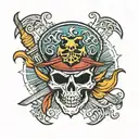 sun pirates logo with straw hat jolly roger tattoo design idea