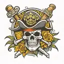 sun pirates logo with straw hat jolly roger tattoo design idea