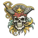sun pirates logo with straw hat jolly roger tattoo design idea