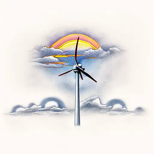 A wind turbine standing tall against a breathtaking sunset sky tattoo design idea