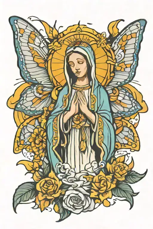 Virgin Mary, moths,  tattoo design idea