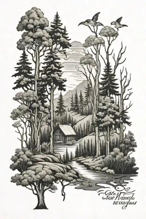 A black-grey tattoo of a forest scene with Zach Bryan lyrics incorporated into the trees tattoo design idea