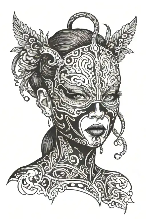Female with latex mask tattoo design idea