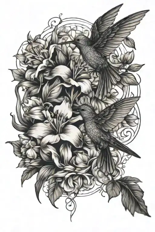 Flowers and Humming bird tattoo design idea