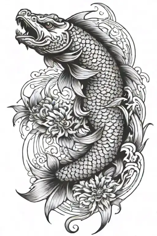 A koi fish transforming into a dragon, with a traditional Japanese sword in the background tattoo design idea