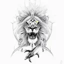lion eyes in the front, a bird, angel fish, and dolphin tattoo design idea