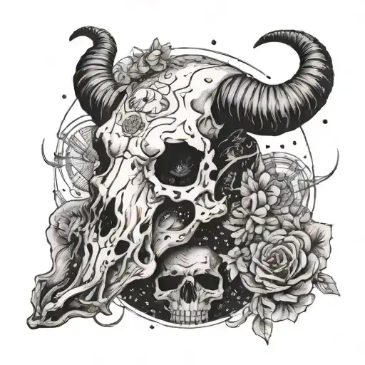 Capricorn constellation with seat goat skull tattoo design idea