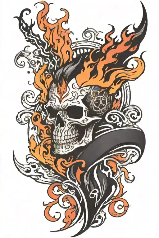full sleeve with flames and a colorfull background  tattoo design idea