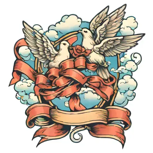 doves with clouds and ribbon  tattoo design idea