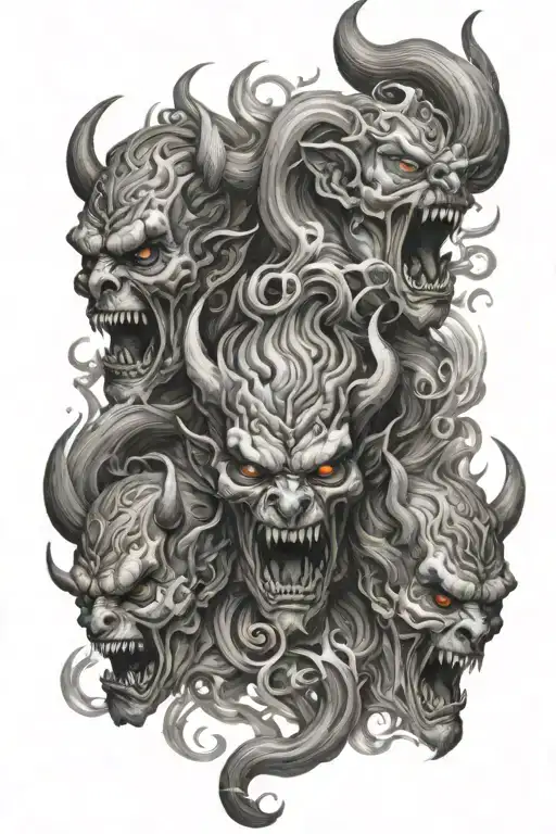 multiple demon heads in smoke swirling tattoo design idea