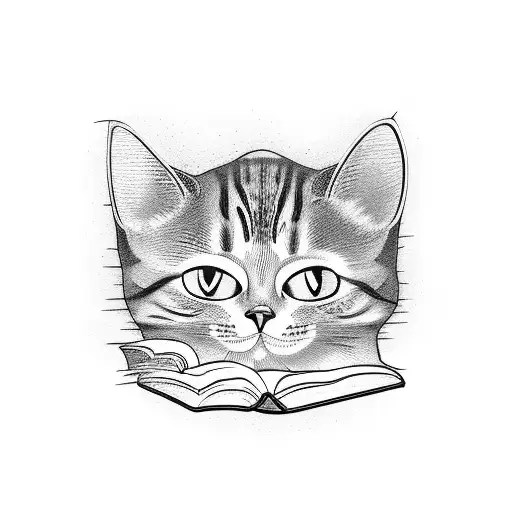 A cat reading a book in a library tattoo design idea