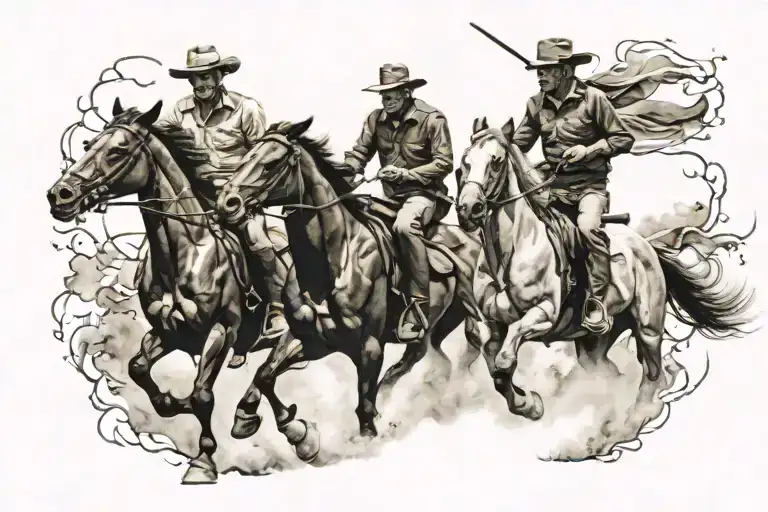 father and son riding on horses running tattoo design idea