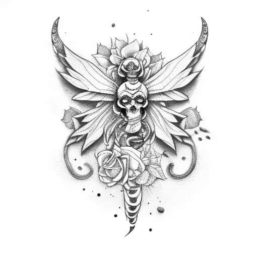caveira com rosas, uma cobra e mariposa  tattoo design idea