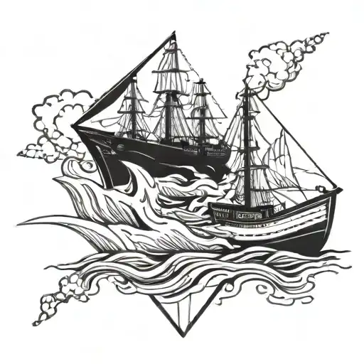 diamond outline with a ship in a calm waters on the top half and an upside down ship in a sea storm on the bottom half tattoo design idea