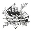 diamond outline with a ship in a calm waters on the top half and an upside down ship in a sea storm on the bottom half tattoo design idea