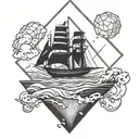 diamond outline with a ship in a calm waters on the top half and an upside down ship in a sea storm on the bottom half tattoo design idea