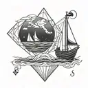 diamond outline with a ship in a calm waters on the top half and an upside down ship in a sea storm on the bottom half tattoo design idea