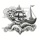 diamond outline with a ship in a calm waters on the top half and an upside down ship in a sea storm on the bottom half tattoo design idea