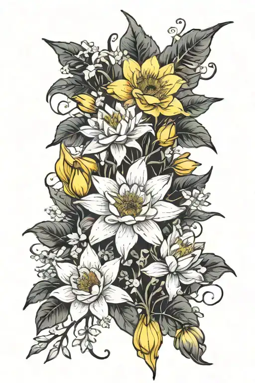 boquet with water lily, daffodil, daisy, and larkspur  tattoo design idea