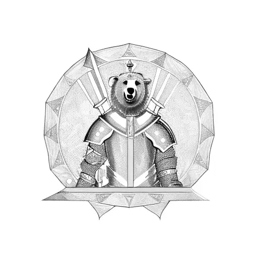 Knight on a throne, with a sword pointed into the ground in the right hand and a shield with a bear face by his left leg tattoo design idea