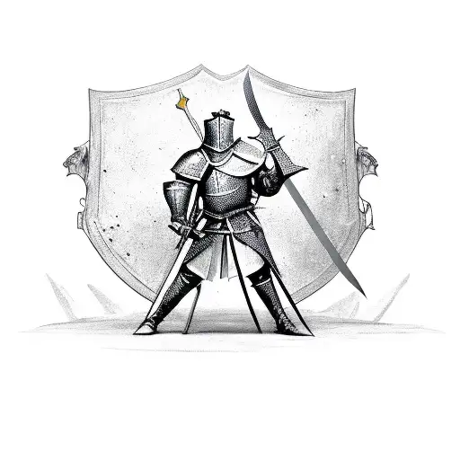 Knight on a throne, with a sword pointed into the ground in the right hand and a shield with a bear face by his left leg tattoo design idea