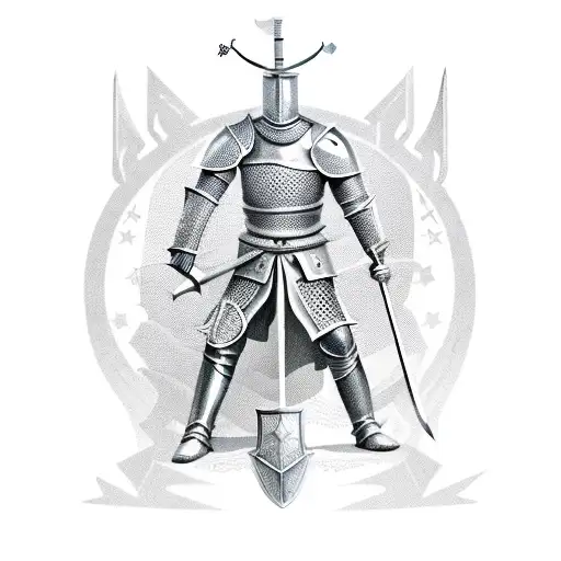 Knight on a throne, with a sword pointed into the ground in the right hand and a shield with a bear face by his left leg tattoo design idea