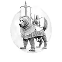 Knight on a throne, with a sword pointed into the ground in the right hand and a shield with a bear face by his left leg tattoo design idea