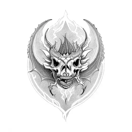 A dragon skull with intricate bone designs, in a blackwork style tattoo design idea