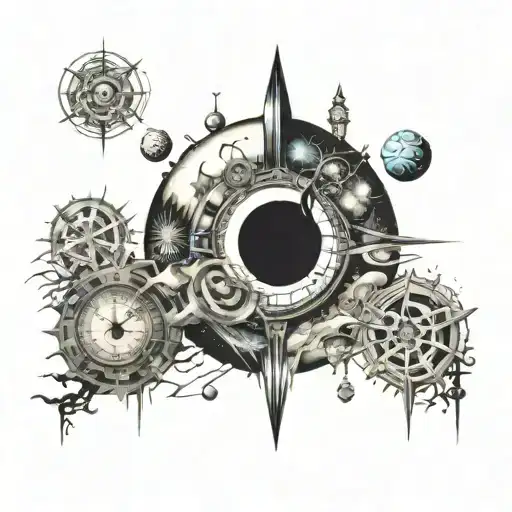 multiverse,alliens, time elements, space, 4d aspects, secret symbol, fragmented realities,abstract shape,portals mystery tattoo design idea