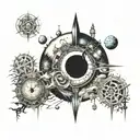 multiverse,alliens, time elements, space, 4d aspects, secret symbol, fragmented realities,abstract shape,portals mystery tattoo design idea