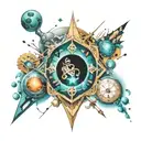 multiverse,alliens, time elements, space, 4d aspects, secret symbol, fragmented realities,abstract shape,portals mystery tattoo design idea