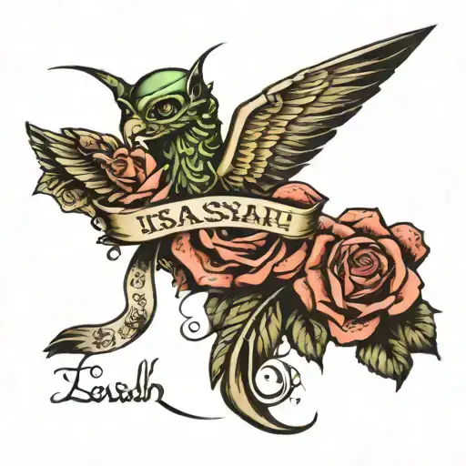 the name Isaiah and the date 7/20/12 over the middle with a ribbion then angle wings behind it and roses all around tattoo design idea
