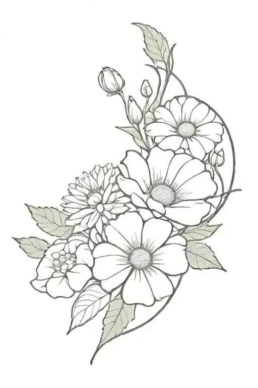 Daisies, Sweet Pea, aster, morning glory, peony, and chrysanthemum bouquet wrapped in a small bow tattoo design idea