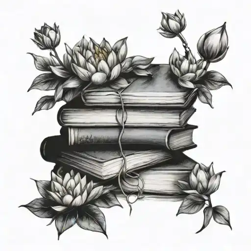 A stunning black-grey tattoo of a stack of books with water lilies blooming out of them tattoo design idea