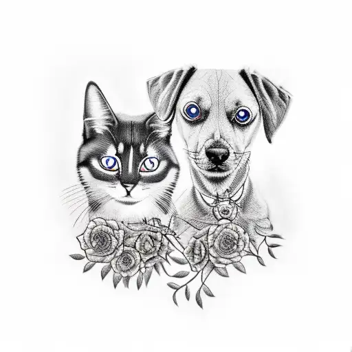 An intricate realistic tattoo of a dog and cat intertwined with vines and flowers tattoo design idea