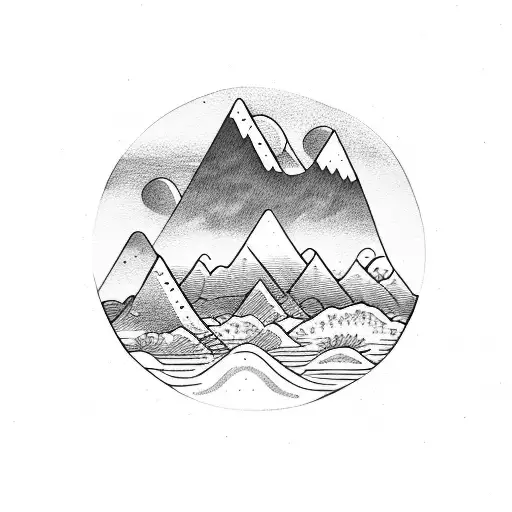 ocean with mountains and people tattoo design idea