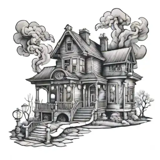 smoke style haunted house  tattoo design idea