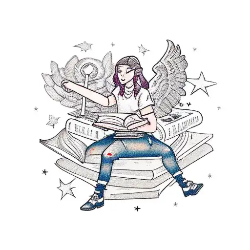 a girl siting on top of a book pile, with symbols of harry potter and shadowhunters flying around her tattoo design idea