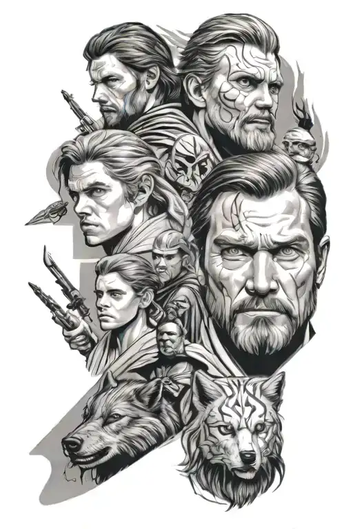 Star wars arm sleeve with anakin skywalker, ashoka tano, obi wan kenobi, loth wolf, mortis gods. All in different, segme tattoo design idea