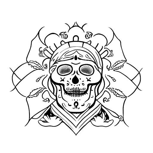 Santa muerte de pie sosteniendo una Oz y una cabeza humana  tattoo design idea