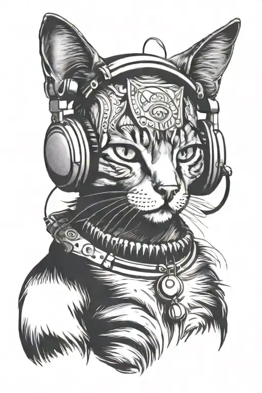cat wearing headphones tattoo design idea