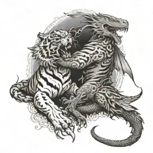 A tiger and a dragon fighting in the shape of a crow tattoo design idea