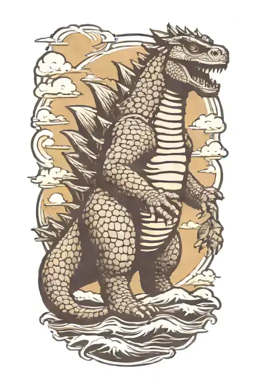 Godzilla with sunglasses on walking on a beach  tattoo design idea