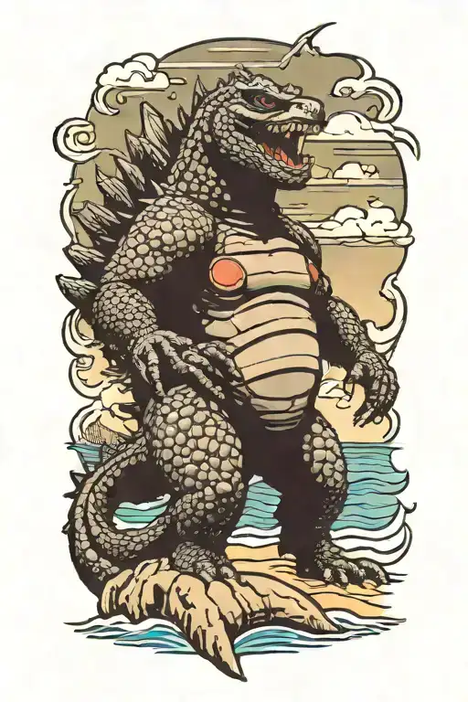 Godzilla with sunglasses walking on a beach  tattoo design idea