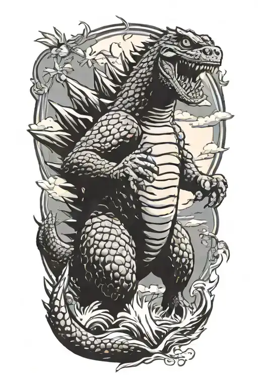 Godzilla with sunglasses jumping  tattoo design idea