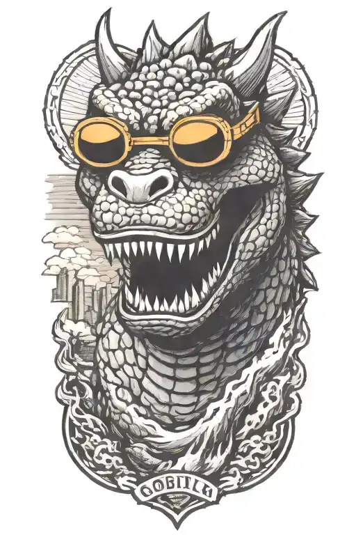 Godzilla sunglasses jumping tattoo design idea